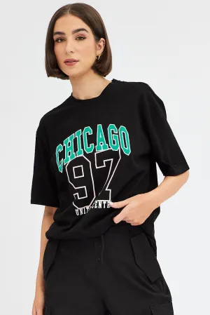 Cozy Essentials Easy Care Fabric Black Chicago Tee Short Sleeve Round Neck Embroidered
