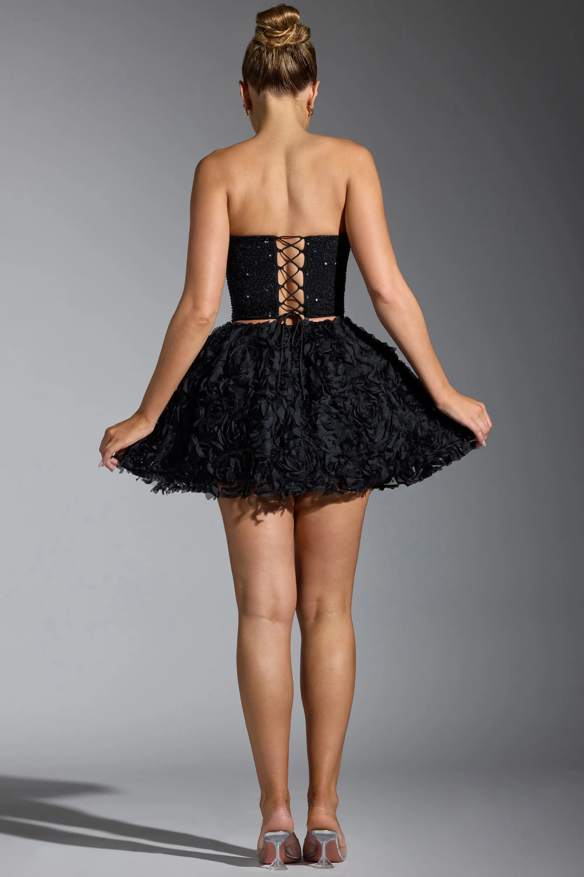 Floral-Appliqu?? Mini Skirt in Black Quilted Texture