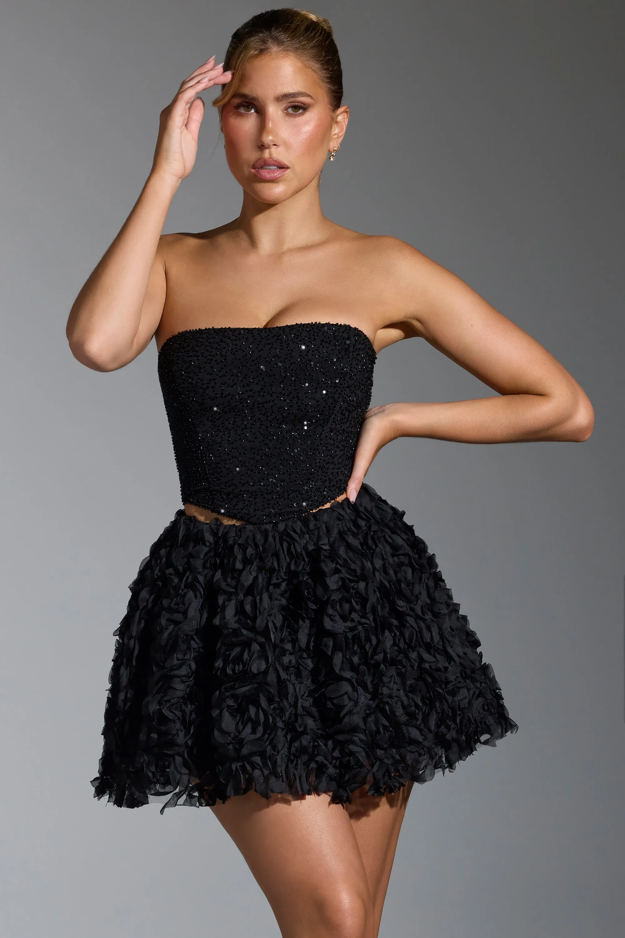 Floral-Appliqu?? Mini Skirt in Black Sheer Overlay Frayed Finish