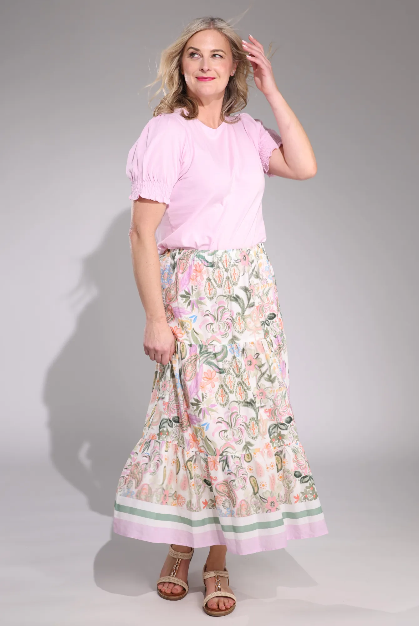 Chafe Resistant Tonal Look Tiered Skirt | Olive Lilac Border | 6511C1