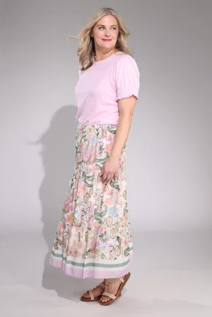 Style Innovation Tiered Skirt | Olive Lilac Border | 6511C1