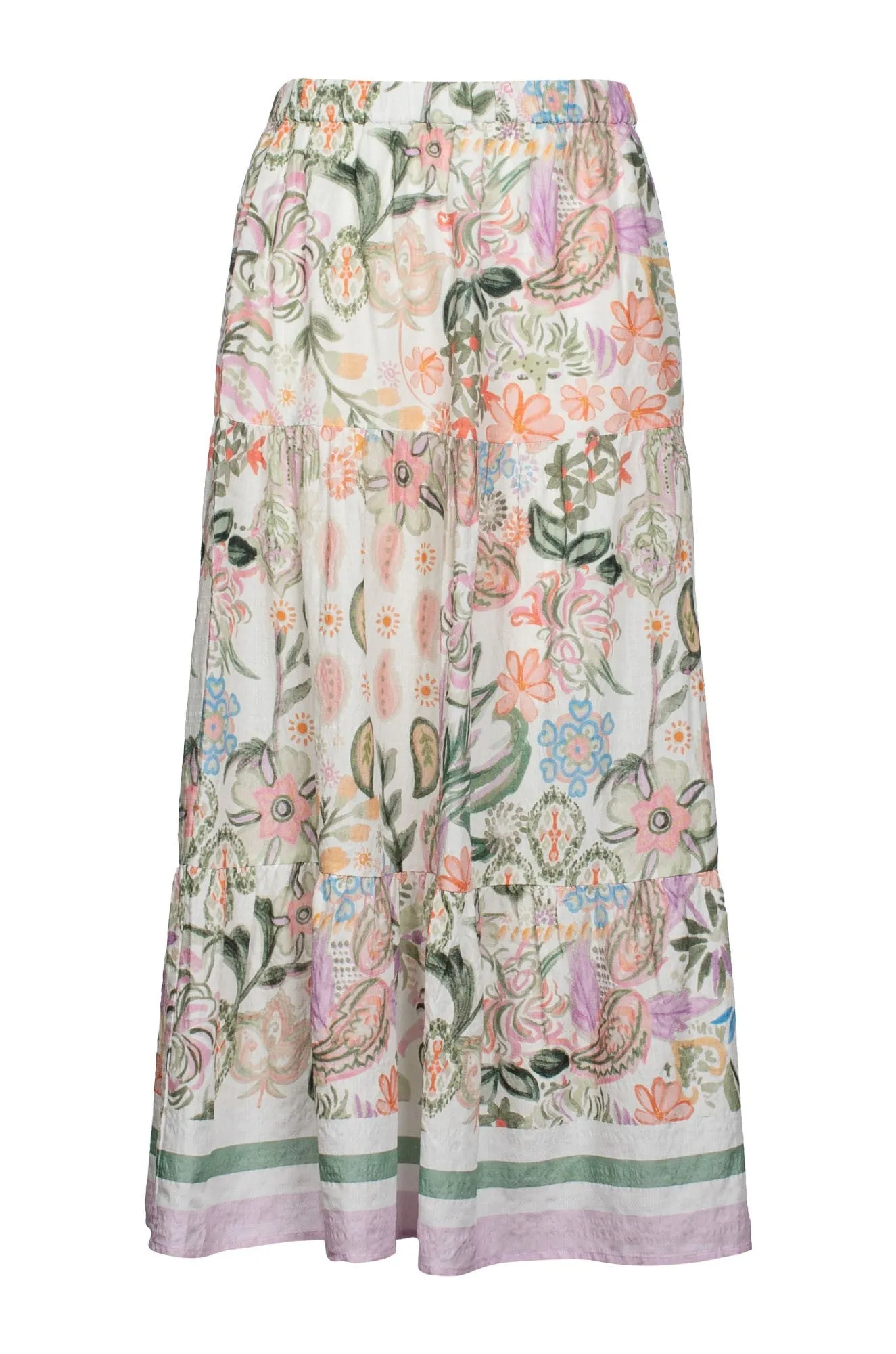 muted tone Classic Elegance Tiered Skirt | Olive Lilac Border | 6511C1