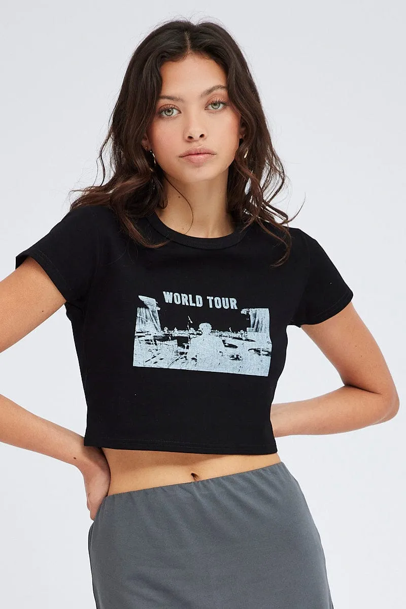 Black Baby Tee Short Sleeve Crop Round Neck Graphic Quality Layer Layering Piece