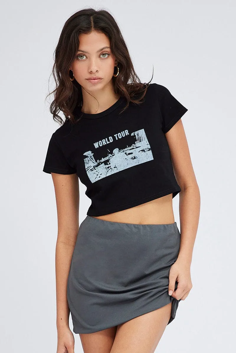Black Baby Tee Short Sleeve Crop Round Neck Graphic Street Fashion