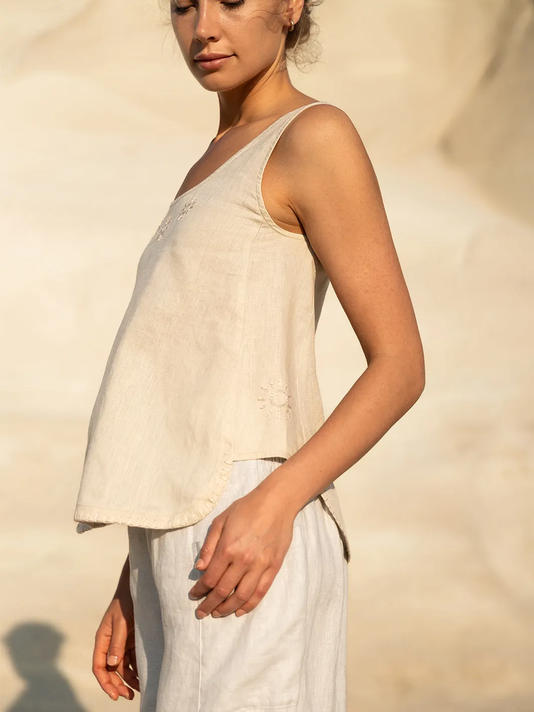 Active Smooth Drop Shoulder Cut Evia Linen Top Stone
