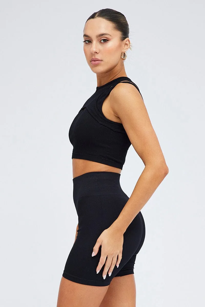 Adjustable Waistband Black Bike Shorts Seamless