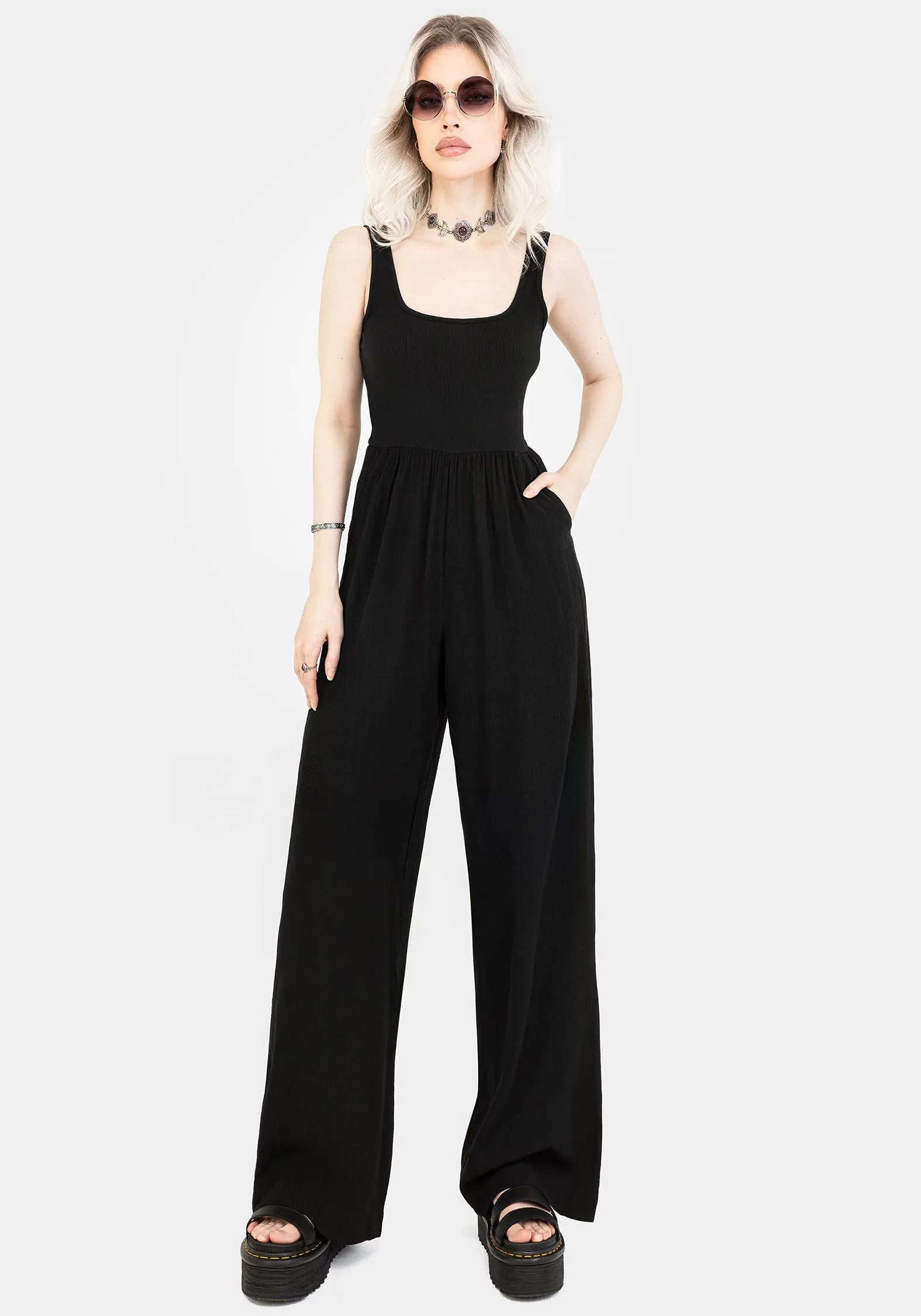Herne Contrast Wide Leg Jumpsuit Pocket Reinforcement