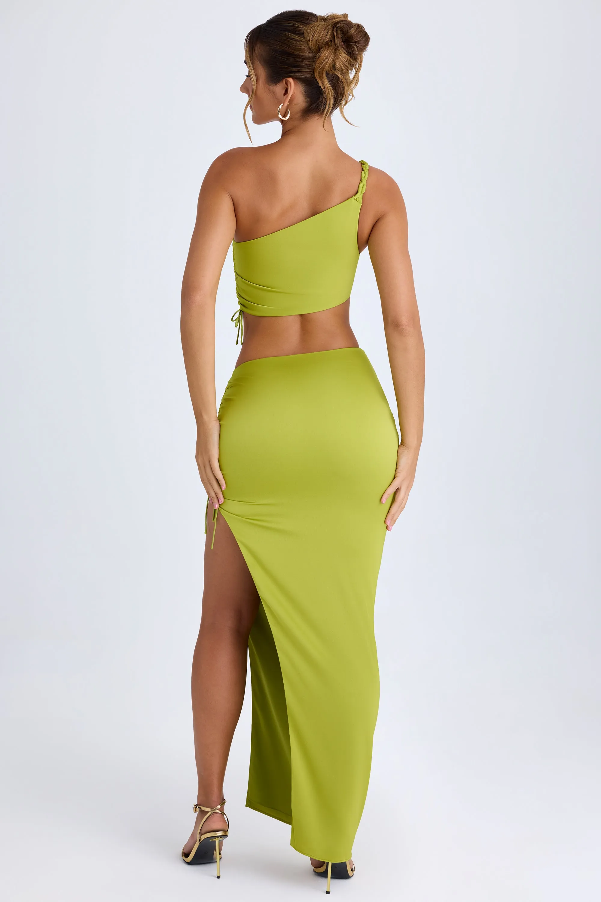 Ruched Asymmetric-Waist Maxi Skirt in Pear Green Modern Outfit