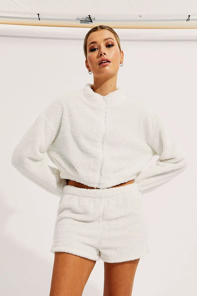 High-End Quality White Loungewear Teddy Shorts