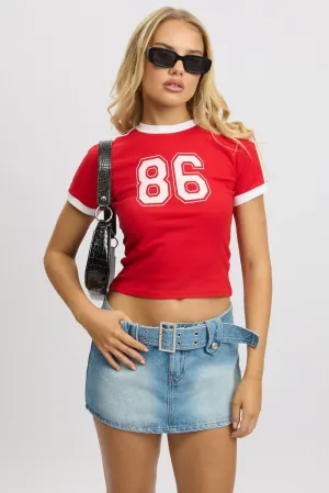 Red Graphic Tee Short Sleeve Contrast Binding Bold and Comfortable