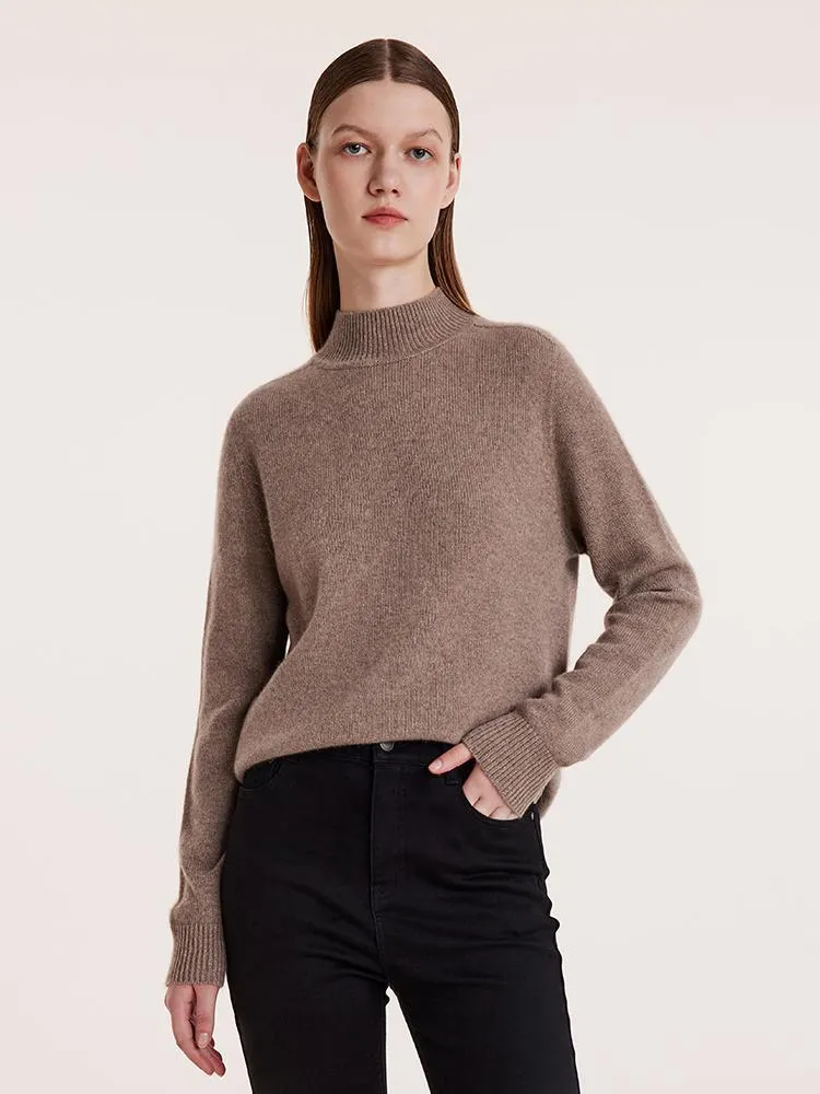 Minimalist Style Flexible Drop Shoulder Pure Cashmere Seamless Mock Neck Slim Women Sweater
