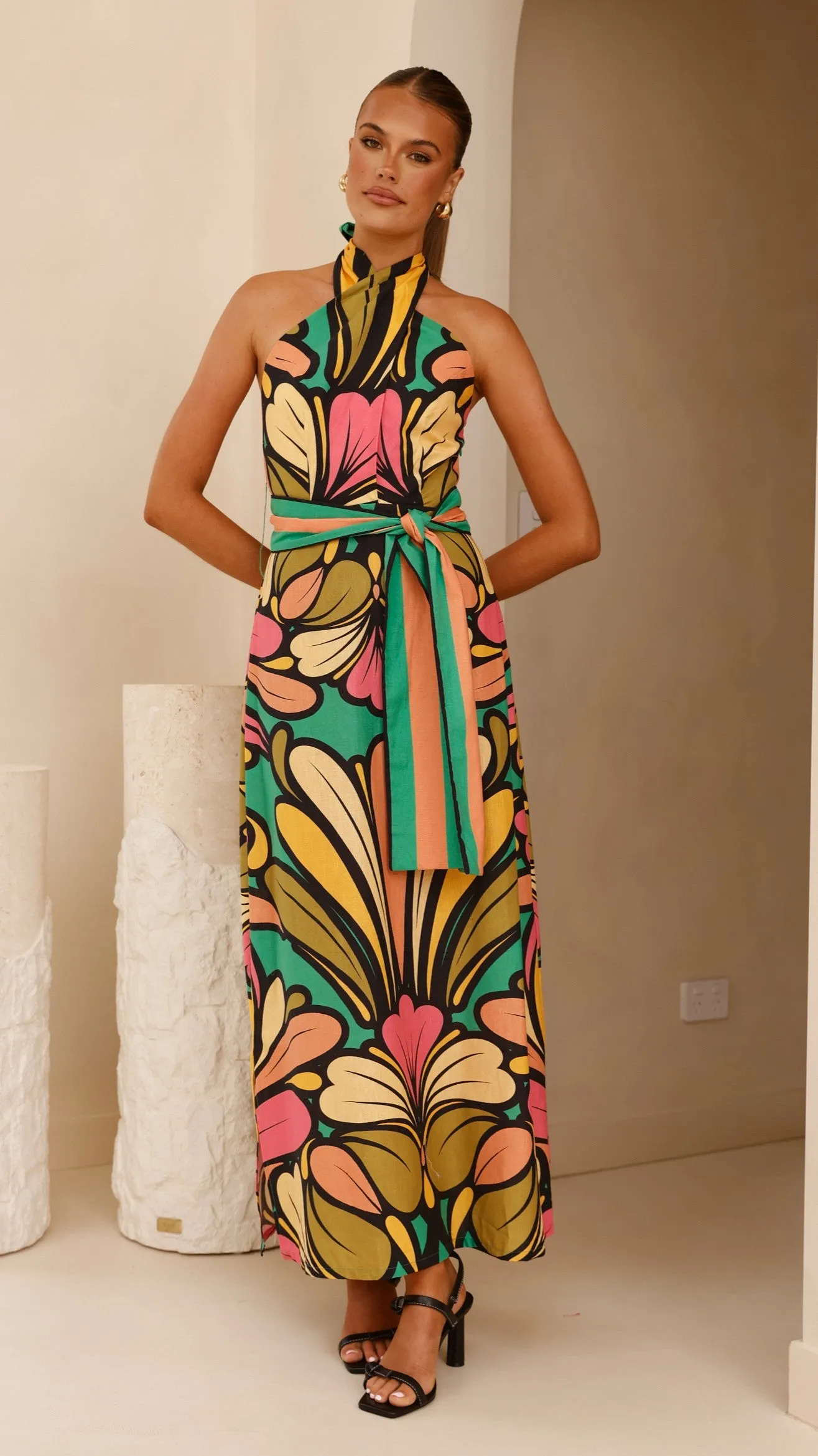 Portugal Twist Halter Maxi Dress - Apple Its elegant silhouette adds a touch of sophistication to your everyday look