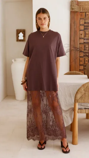 Raina T-Shirt Maxi Dress - Brown Lace Batiste Glow