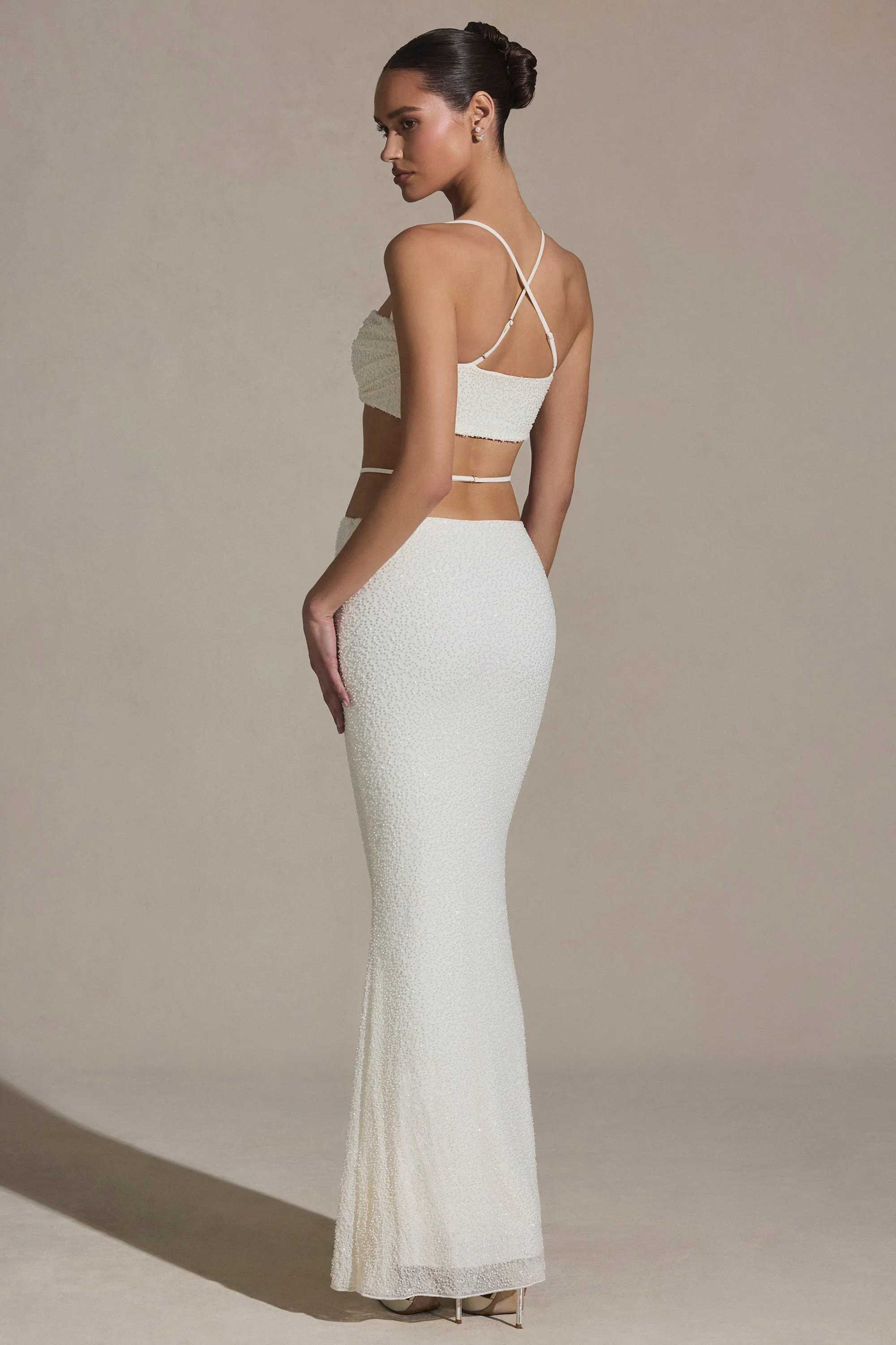Embellished Strappy Maxi Skirt in White Clean Finish