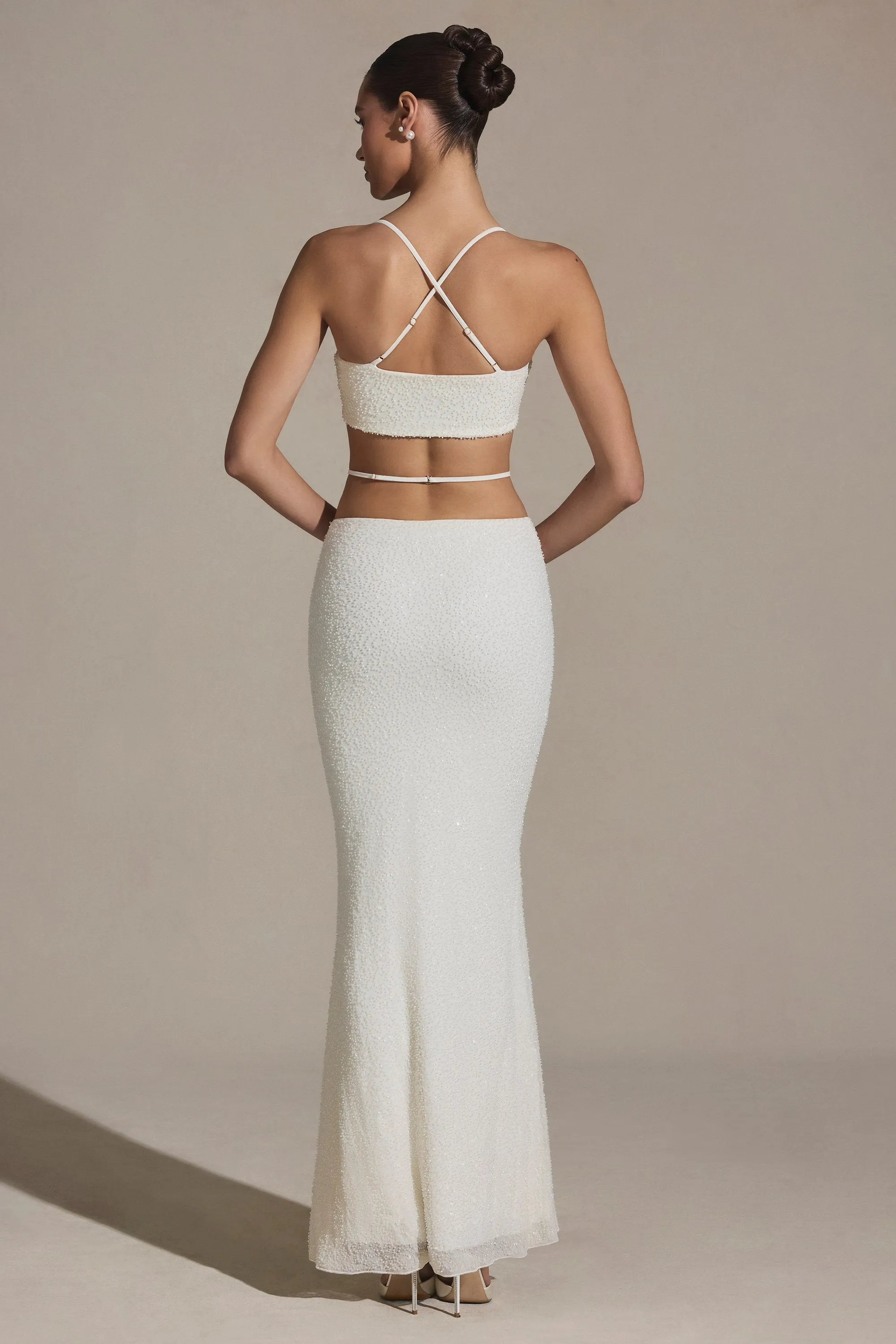 Soft Styling Floor Length Embellished Strappy Maxi Skirt in White