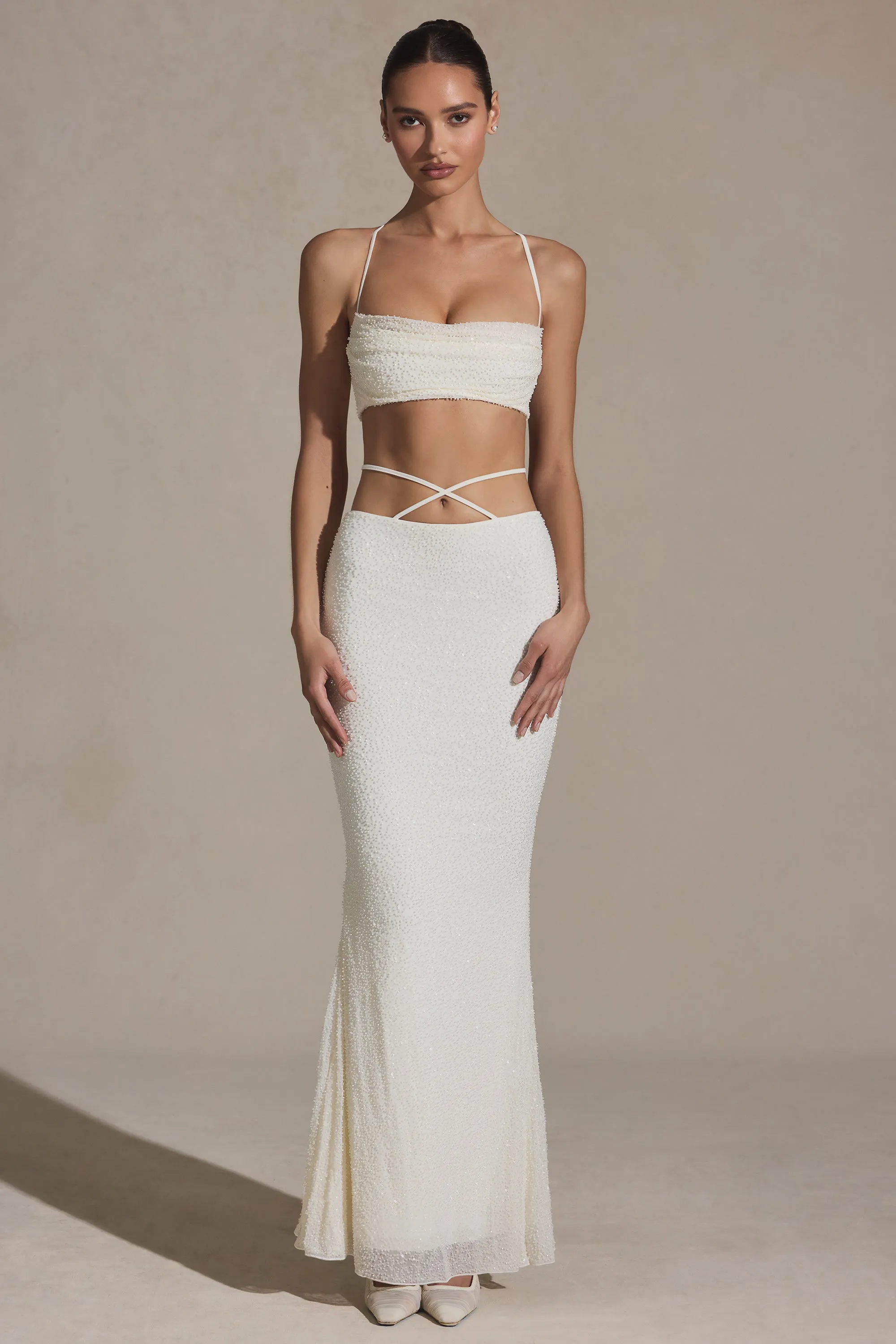 Embellished Strappy Maxi Skirt in White Clean Lines Classic Elegance