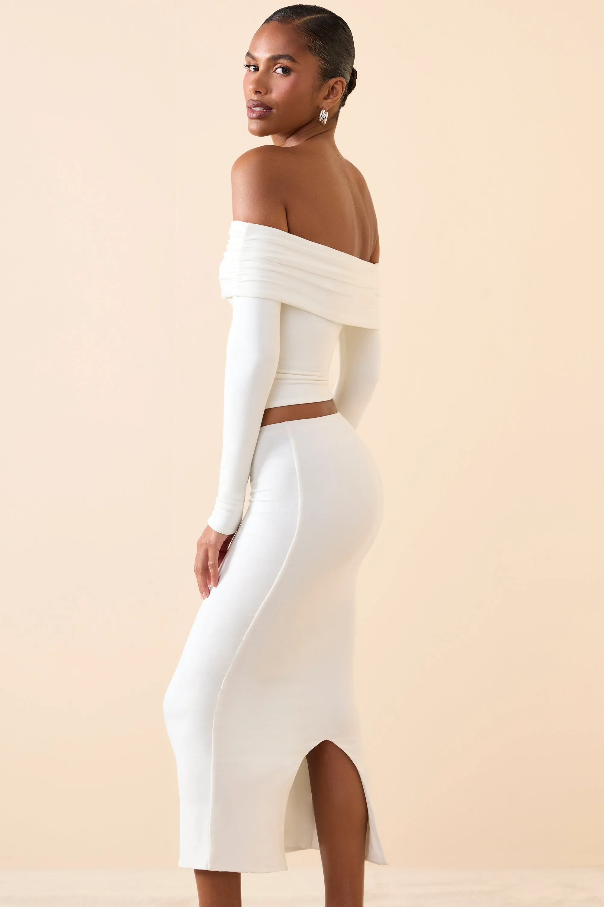 Textured Surface Chill Feel Modal Mid-Rise Midaxi Skirt in White