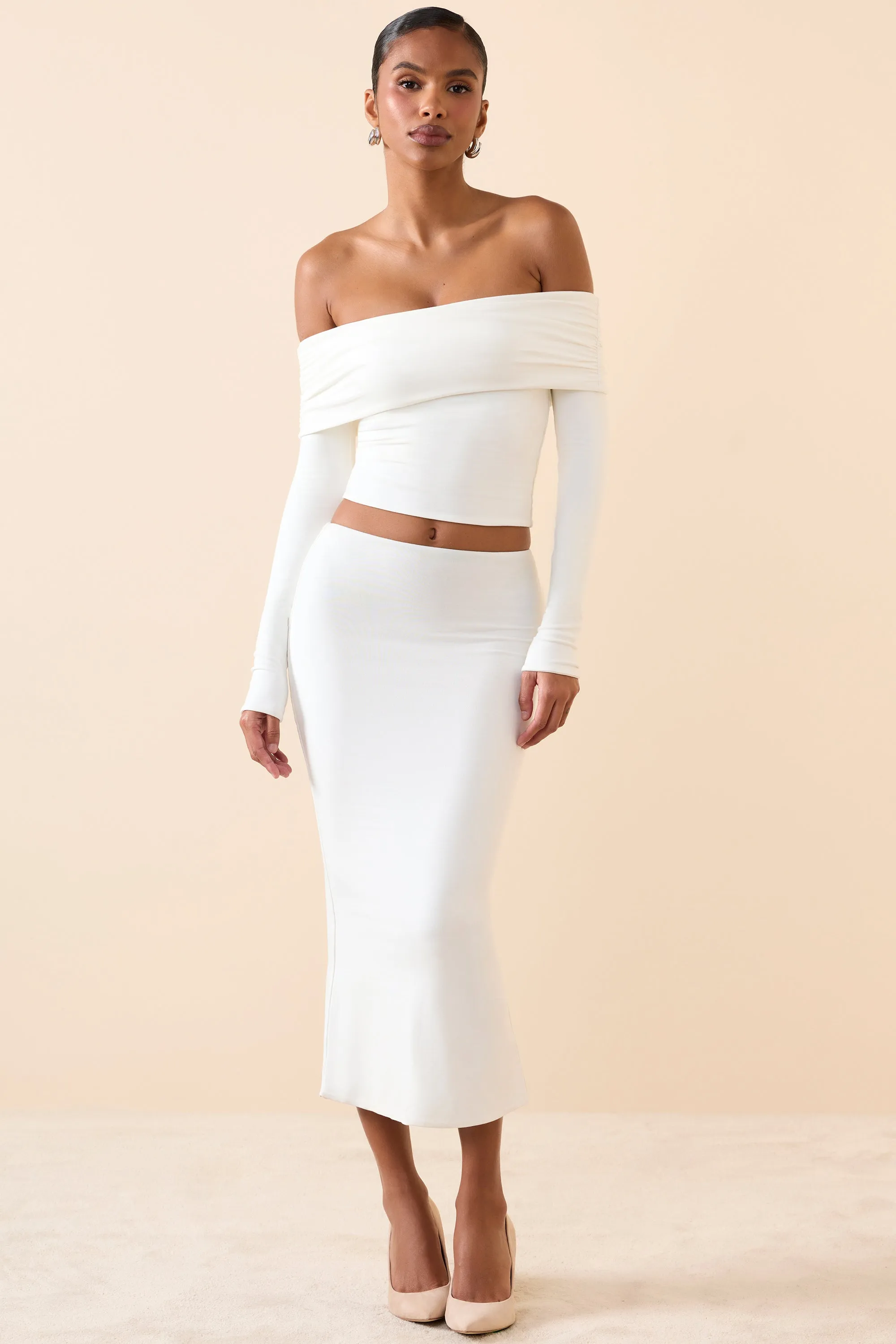 Floor Length Light Fabric Modal Mid-Rise Midaxi Skirt in White