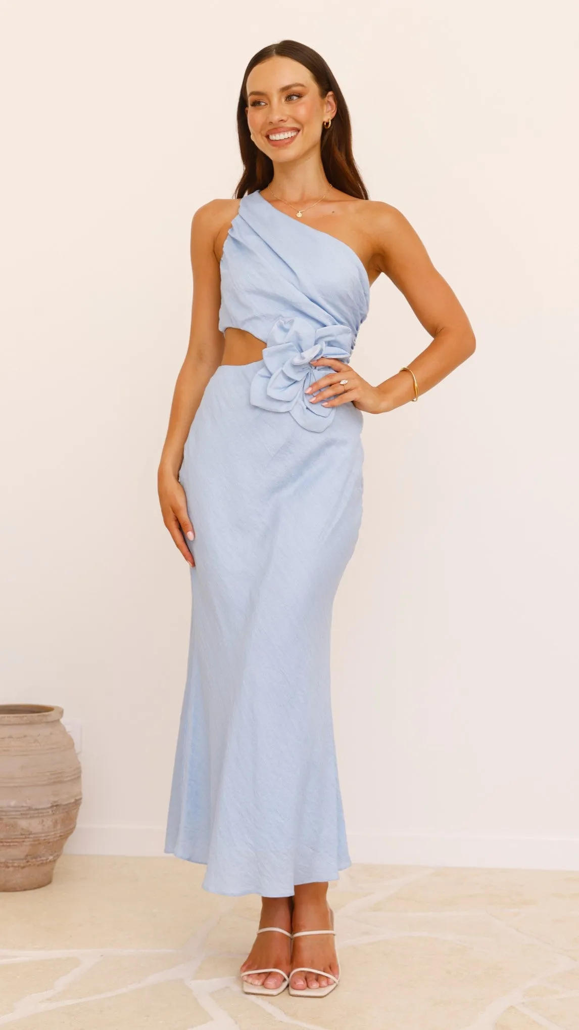 Bloom One Shoulder Cut Out Maxi Dress - Blue Dome Glow