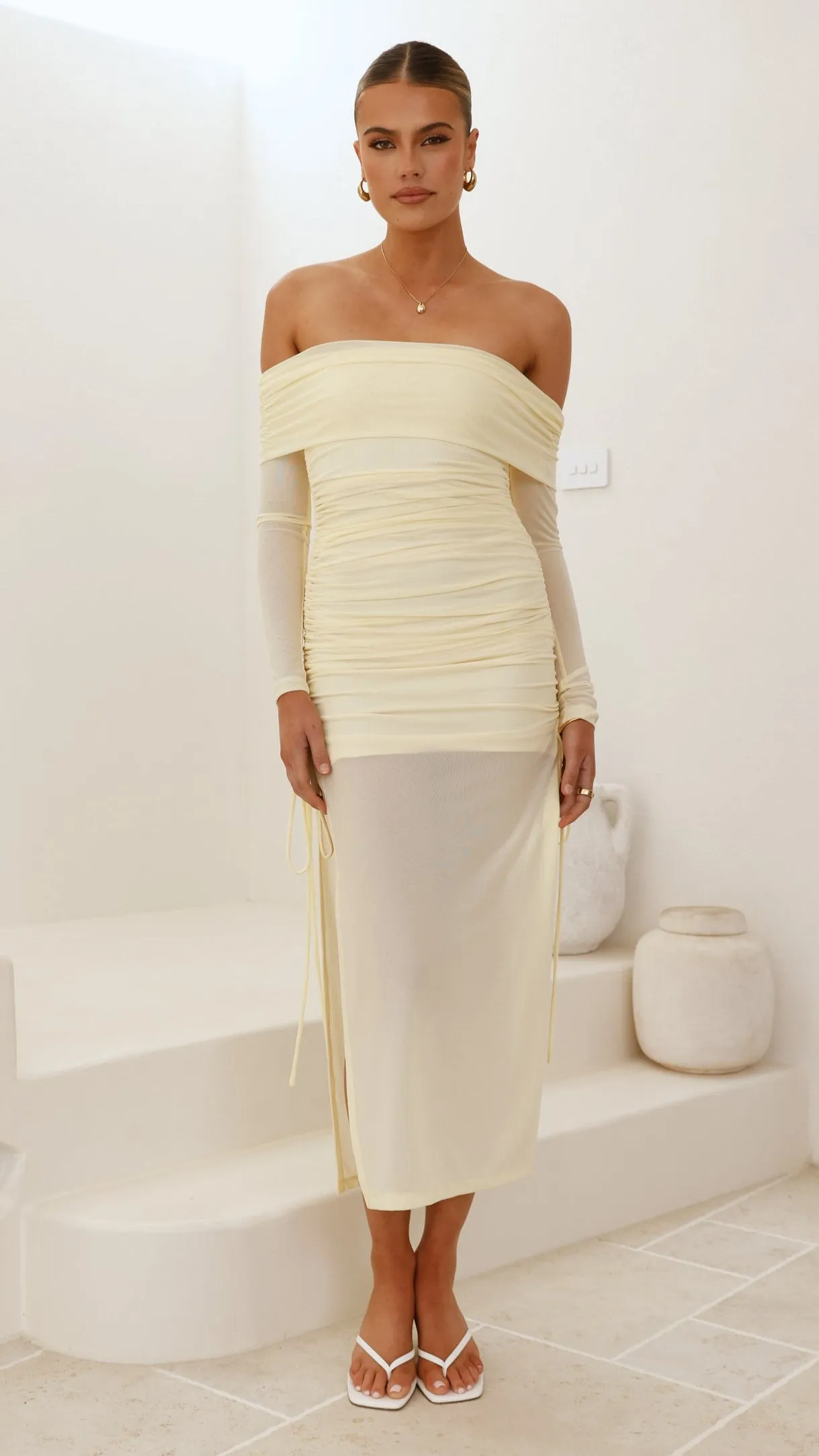 All Season Full-length elegant piece Isadora Off Shoulder Maxi Dress - Yellow