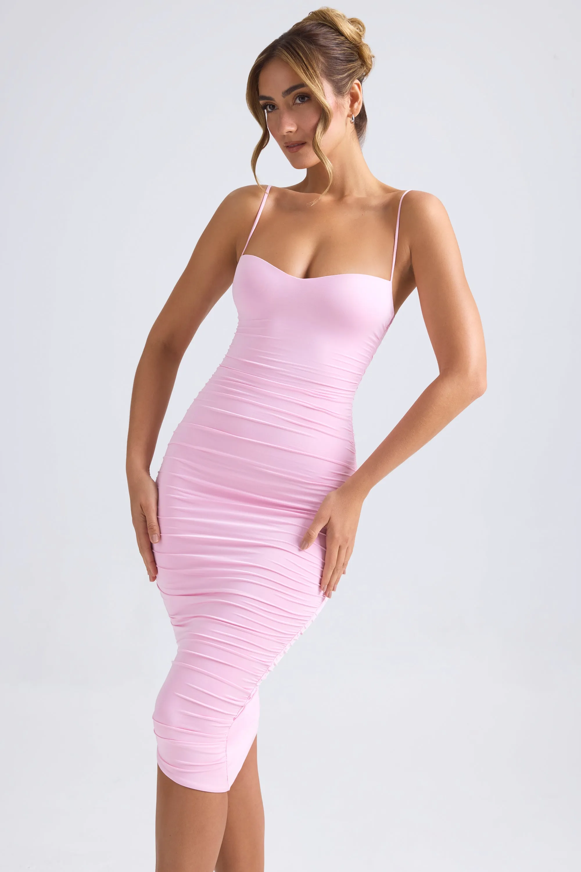 Asymmetric Ruched Midi Dress in Light Pink Low Effort Classic silhouette dress