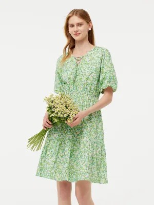 Cotton Floral Print Drawstring Front Women Mini Dress With Hairband Comfortable summer night dress Urban Wear