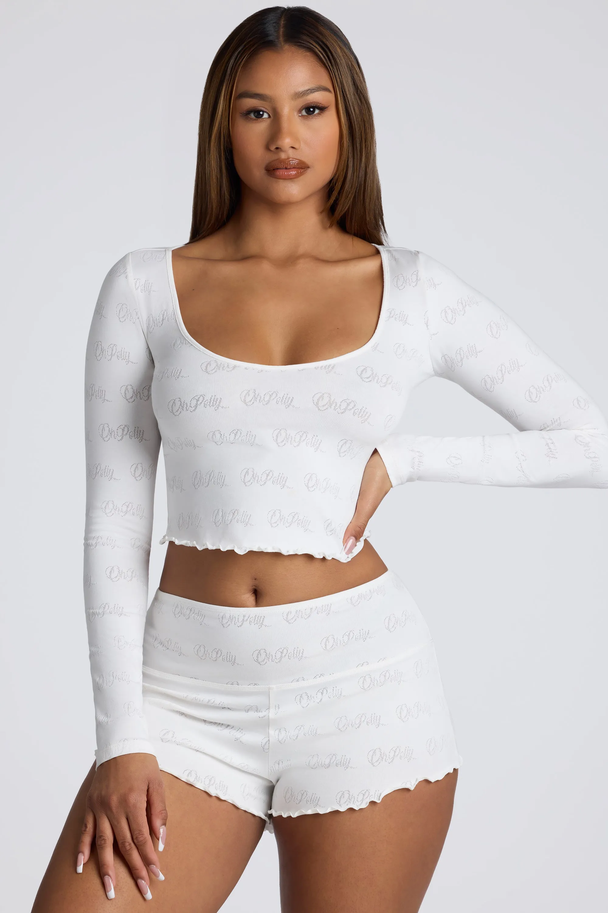 Mid Rise Pointelle Mini Shorts in White Anti Friction Seams Smooth Texture