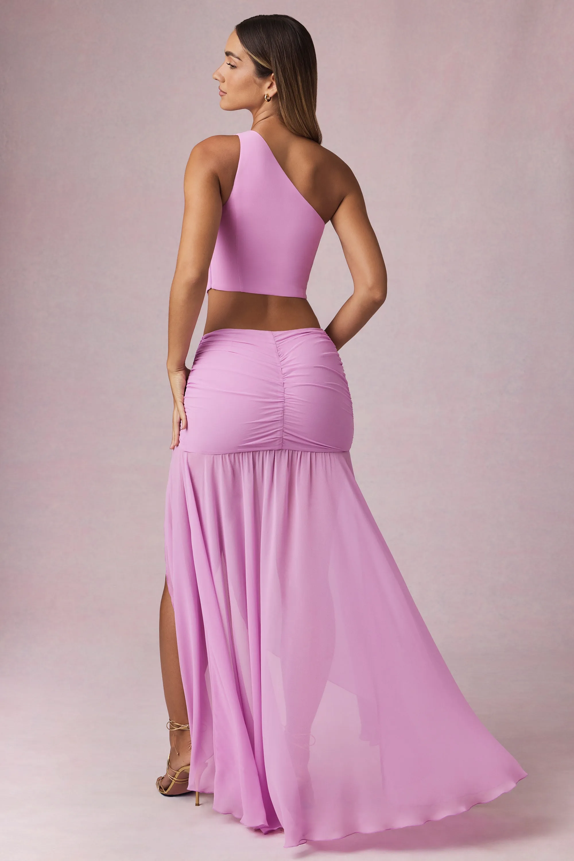 Asymmetric Ruched Maxi Skirt in Pink Orchid Luxury Trim