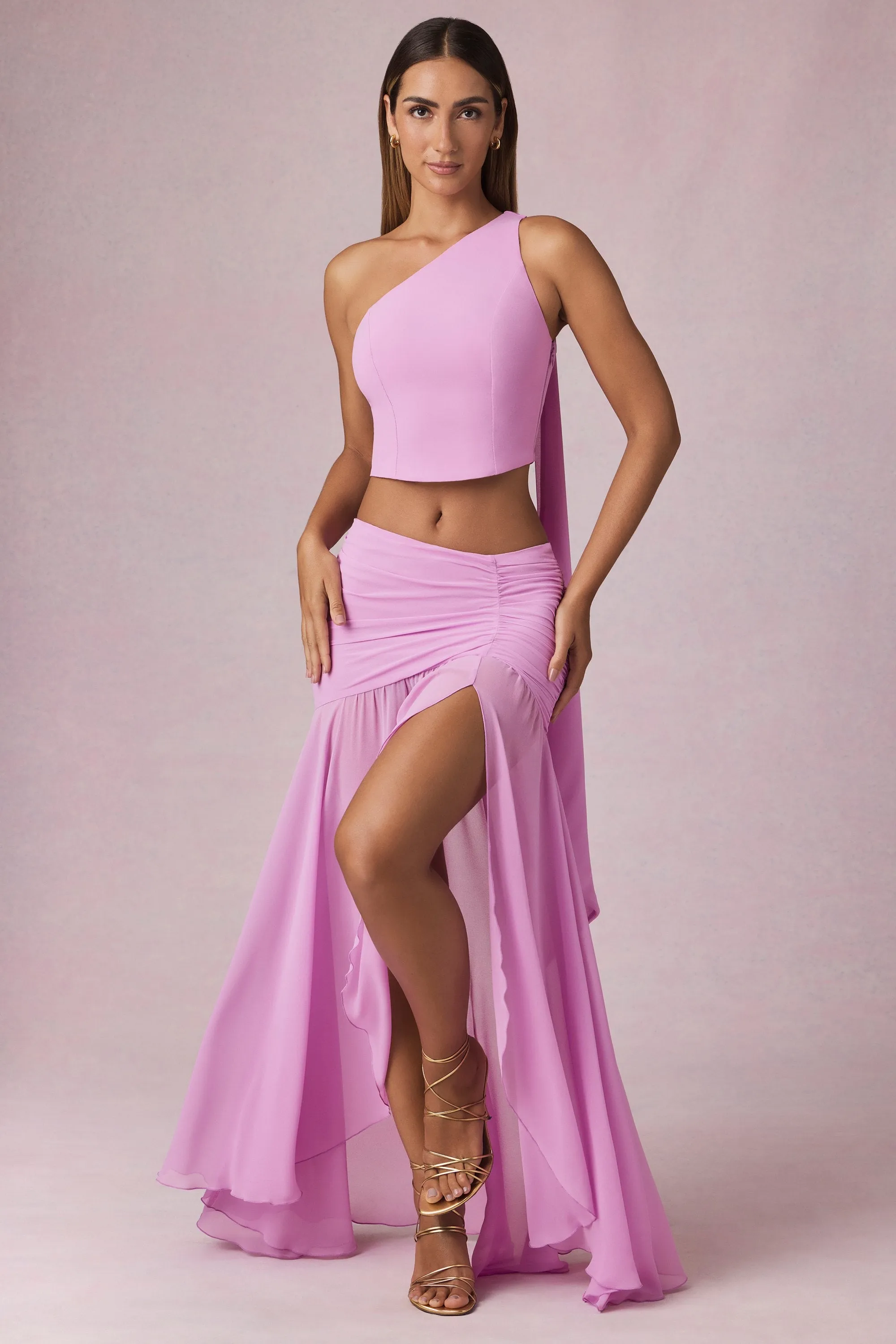 Asymmetric Ruched Maxi Skirt in Pink Orchid Fashion Details Light Mood