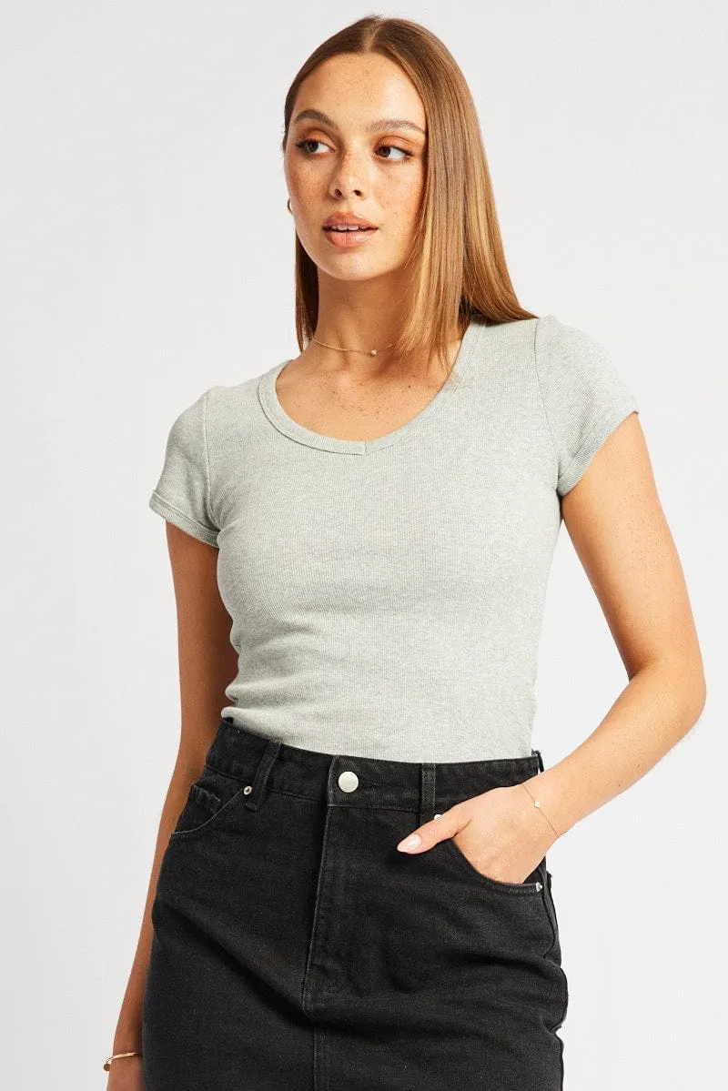 Grey T Shirt Short Sleeve V Neck CompressiveFitFabric SeamlessPockets