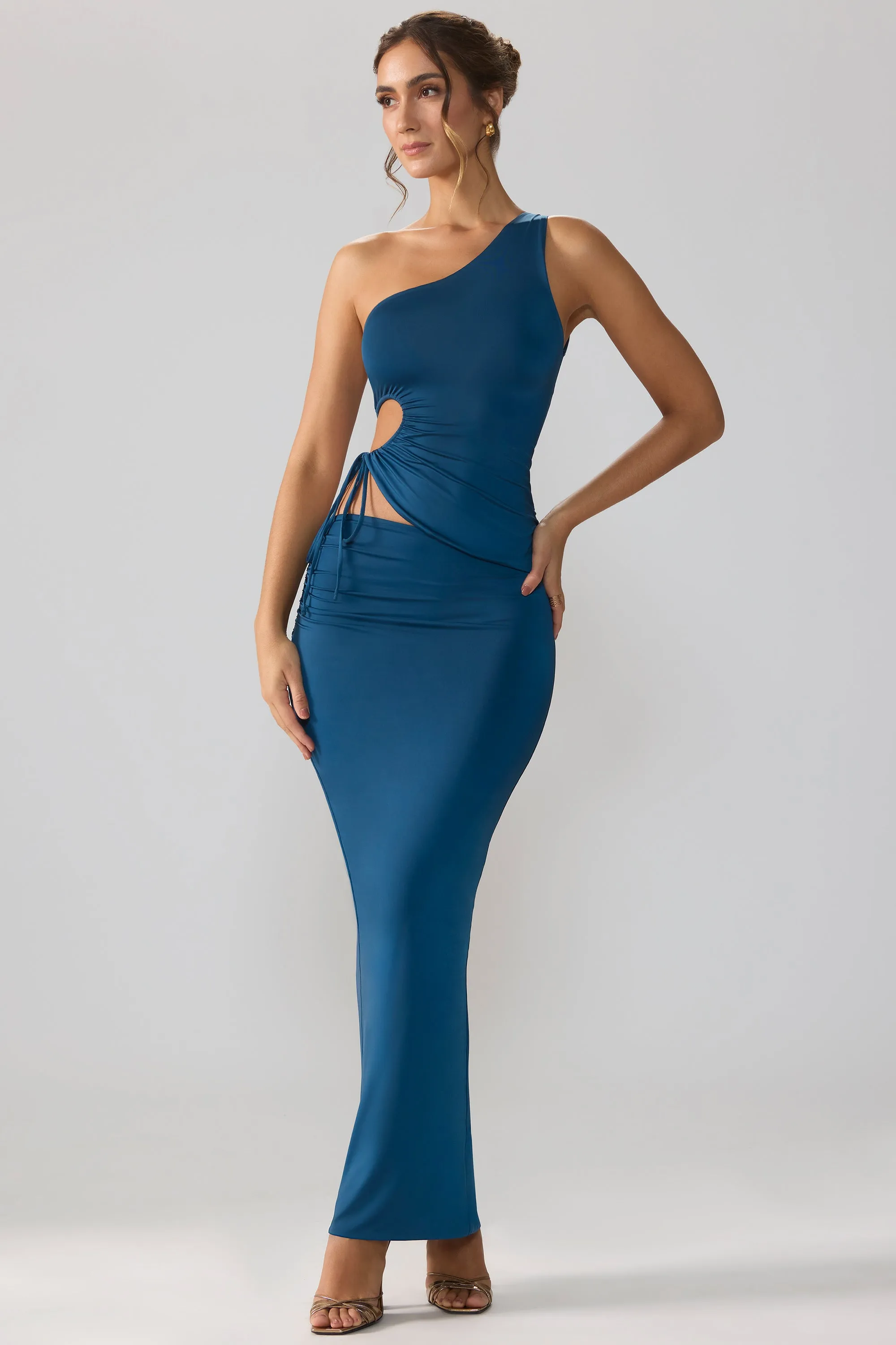 Slinky Jersey Asymmetric Waist Maxi Skirt in Midnight Blue Flexible Material Adjustable Waistband