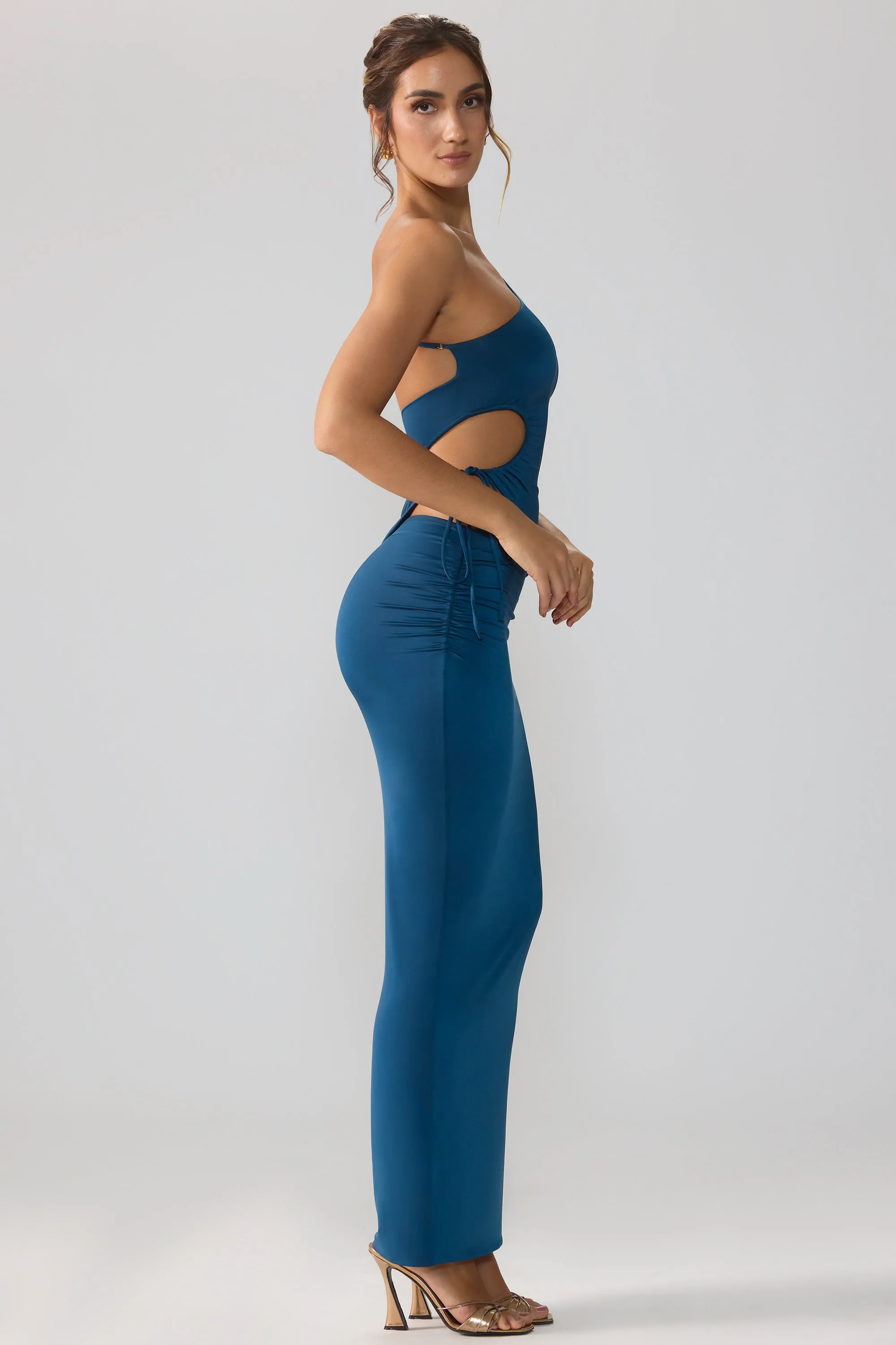 Slinky Jersey Asymmetric Waist Maxi Skirt in Midnight Blue Natural Look
