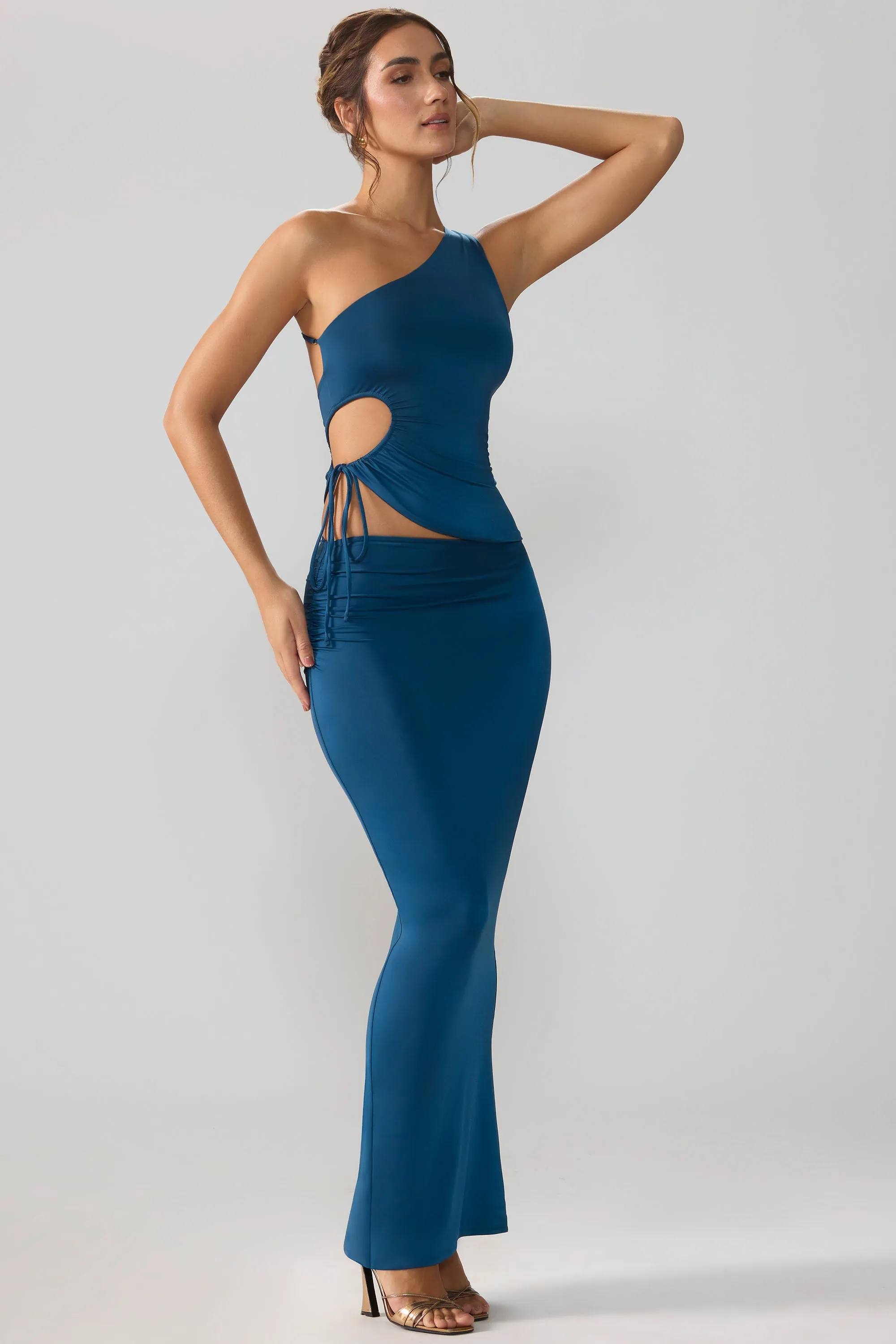 Slinky Jersey Asymmetric Waist Maxi Skirt in Midnight Blue Wrinkle Resistant