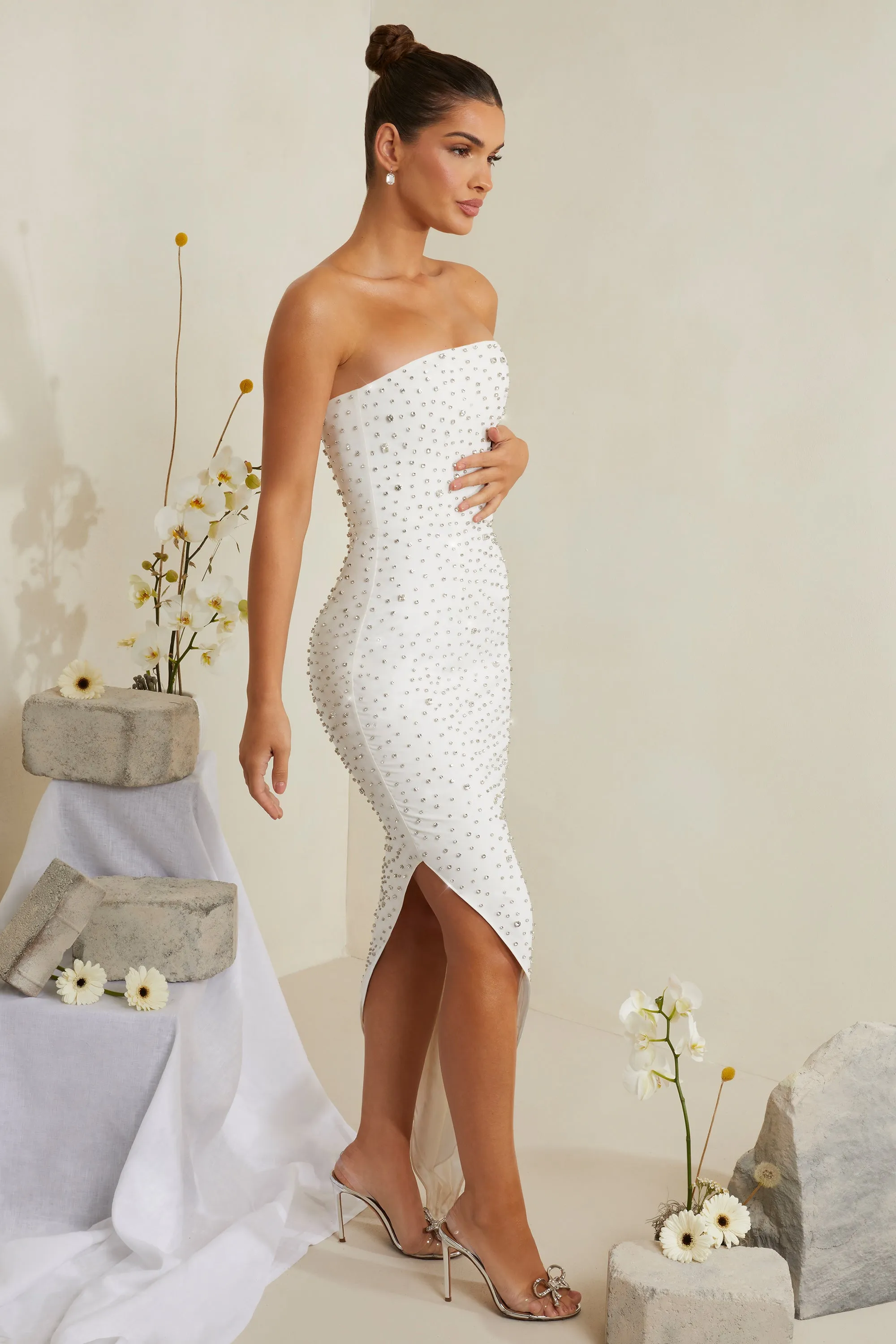 Modern Appeal Hand Embellished Asymmetric Midi Dress in White