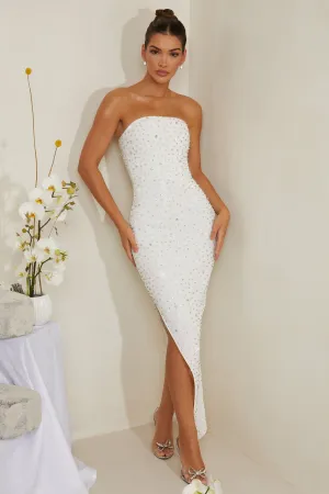 Light Air Smart Wardrobe Hand Embellished Asymmetric Midi Dress in White