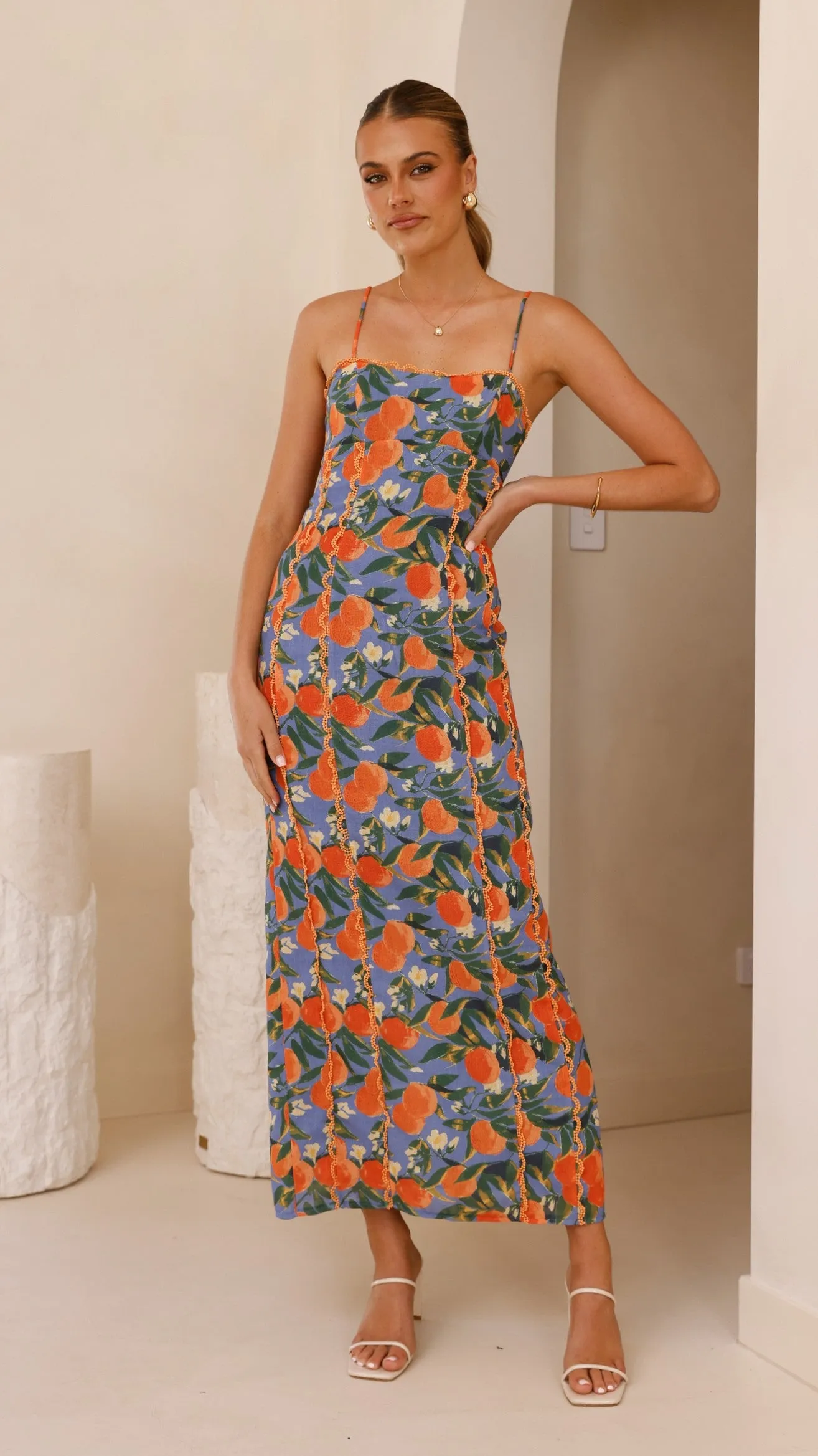 Mesh Breeze Bright Ray Carlia Midi Dress - Orange Print