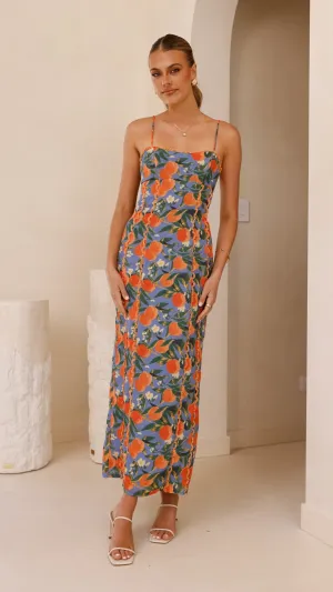 Carlia Midi Dress - Orange Print Cozy Elegance
