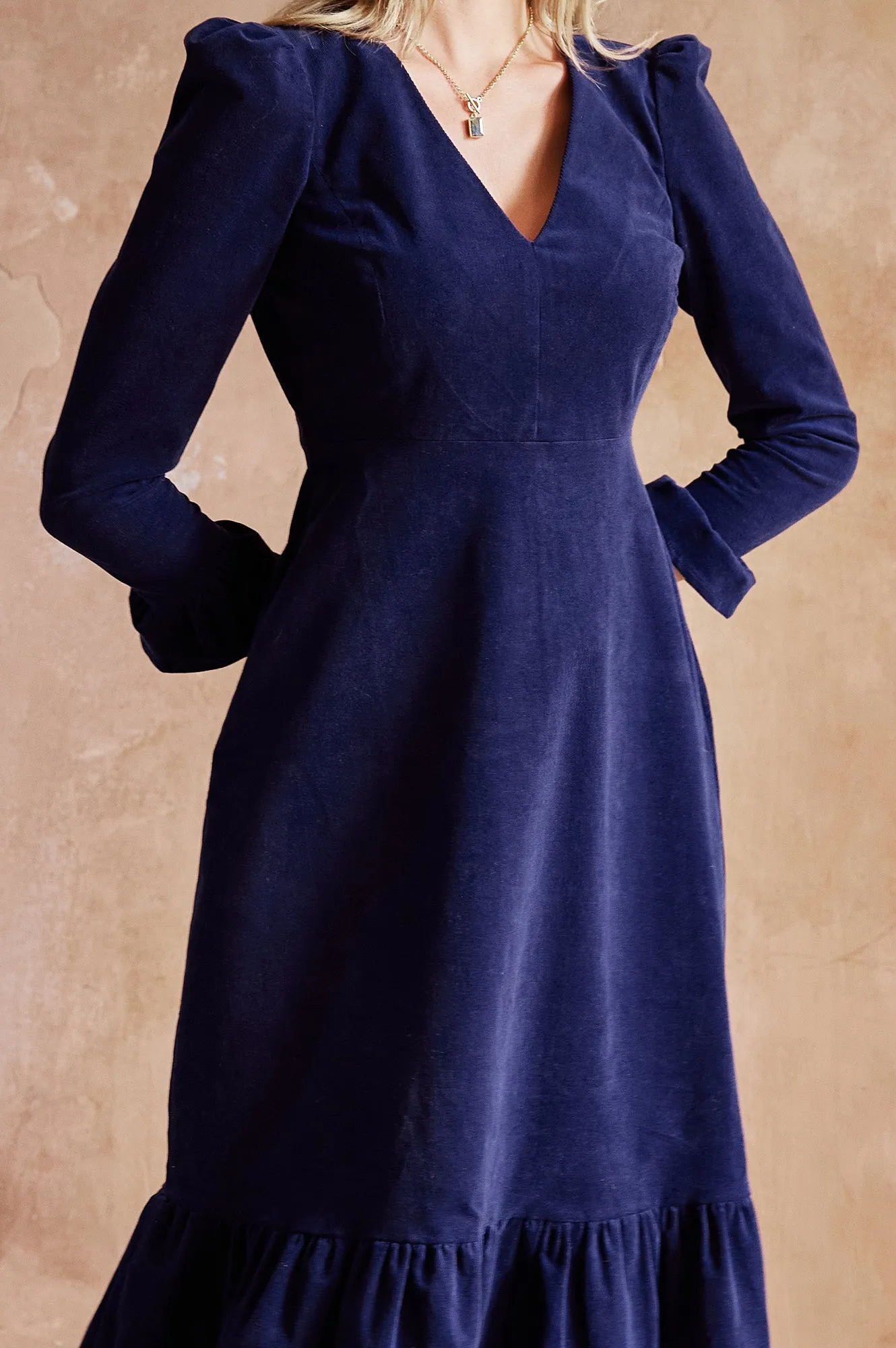 Victoria V-Neck Long Sleeve Stretch Corduroy Dress | Atlantic Blue Smart Appearance Fun floral midi gown