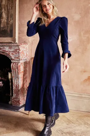 Victoria V-Neck Long Sleeve Stretch Corduroy Dress | Atlantic Blue Platinum Shine Romantic Soul