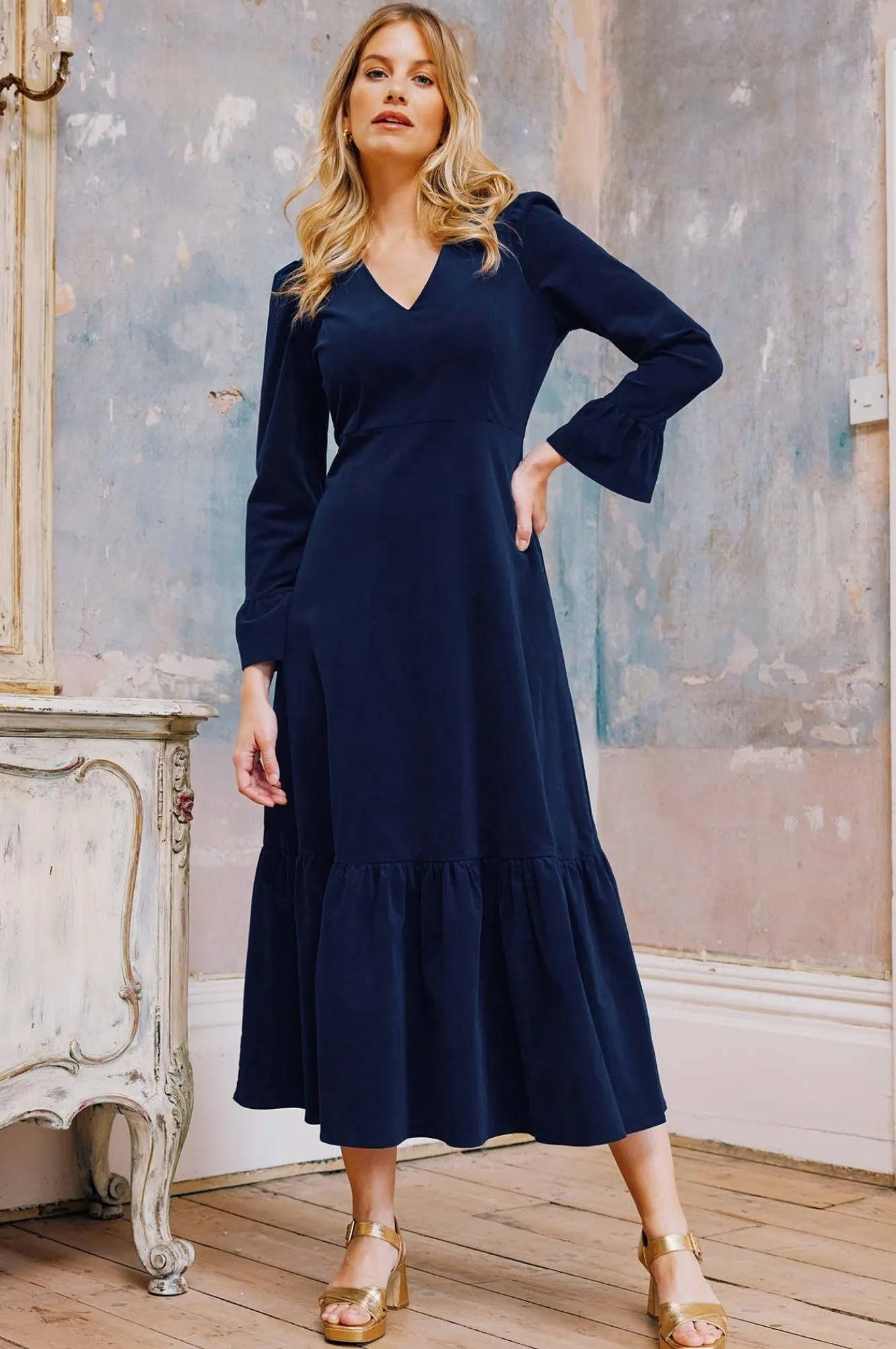 Stylish Silhouettes Victoria V-Neck Long Sleeve Stretch Corduroy Dress | Atlantic Blue