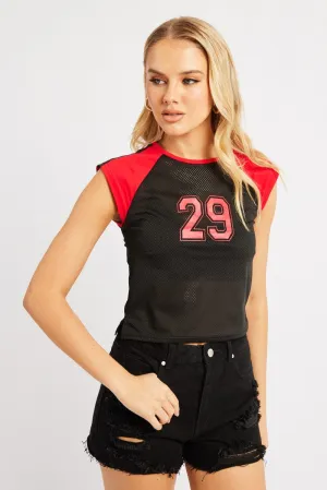 DoubleStitchedHem Oversized Cut Black Sport Tee Short Sleeve Crop