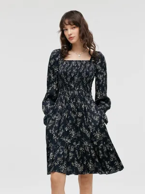 Butterflies Print Square Neck Ruffle Trim Women Mini Dress Scene Fresh Weighted Hem Technology