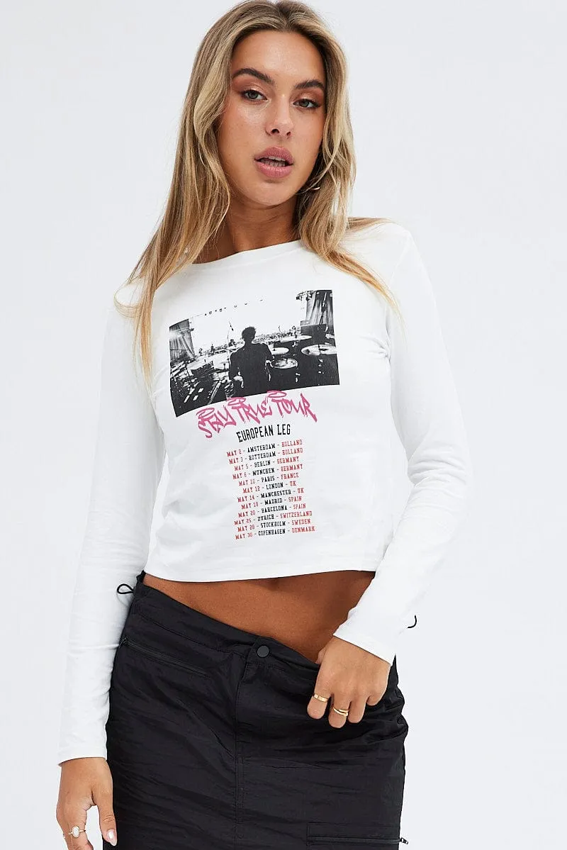 White Top Long Sleeve Crew Neck Semi-Crop Tour Graphic Essential Wardrobe Fresh Style