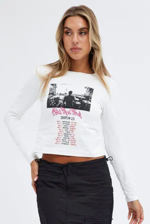 White Top Long Sleeve Crew Neck Semi-Crop Tour Graphic Effortless Daywear UV Protective Coating