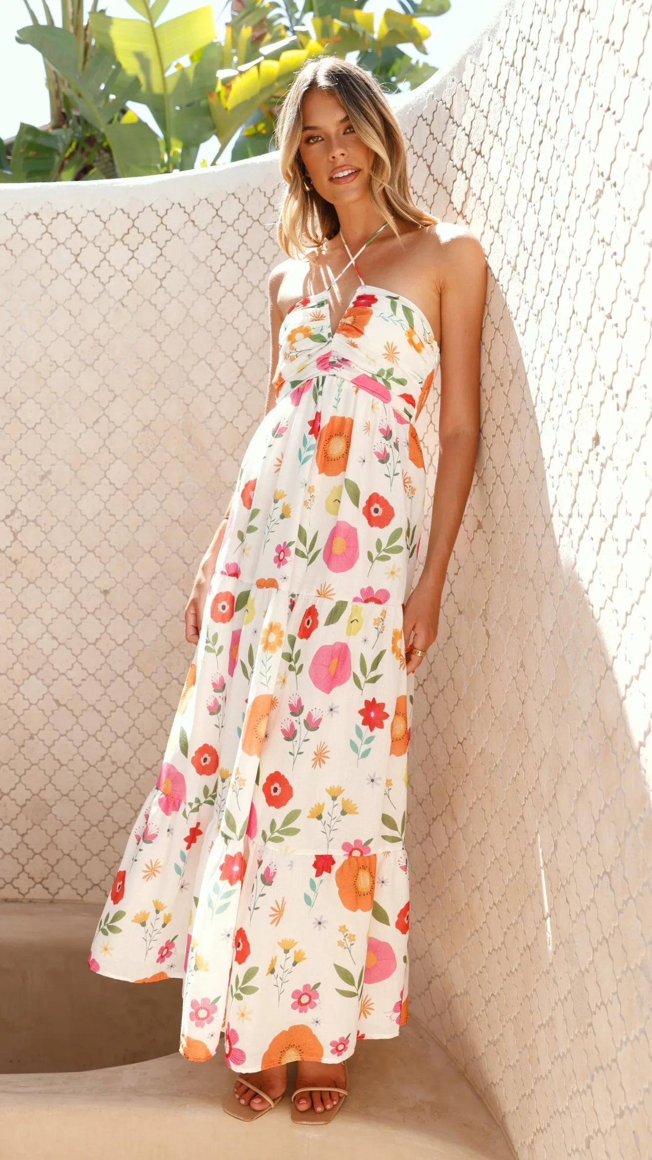 Taffeta Maxi Dress - White Floral Dinner Date
