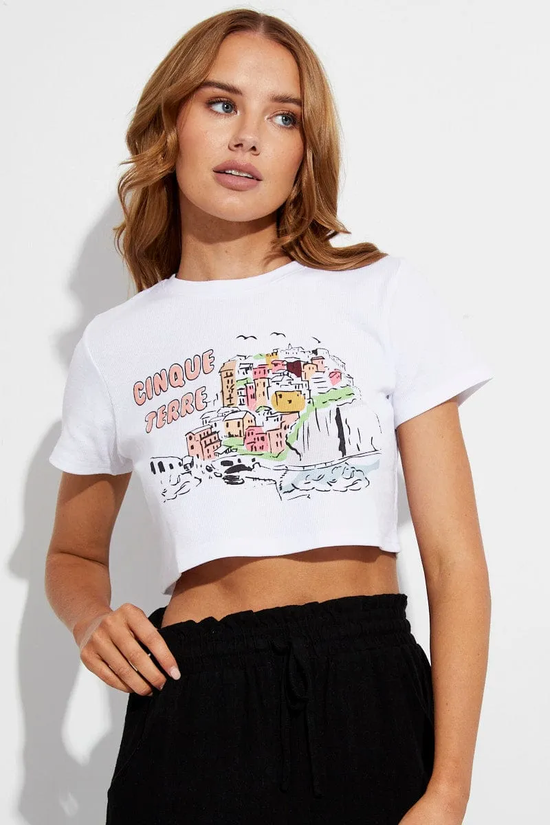 White Graphic Tee Italy Vacation Crop T-Shirt Light Breeze