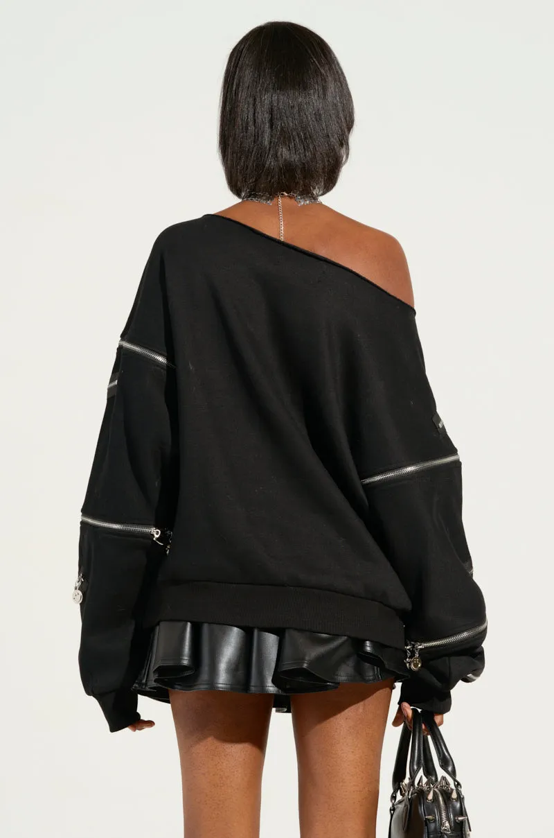 Printed Detail Dark Shade ZIP ME UP OFF THE SHOULDER SWEATSHIRT
