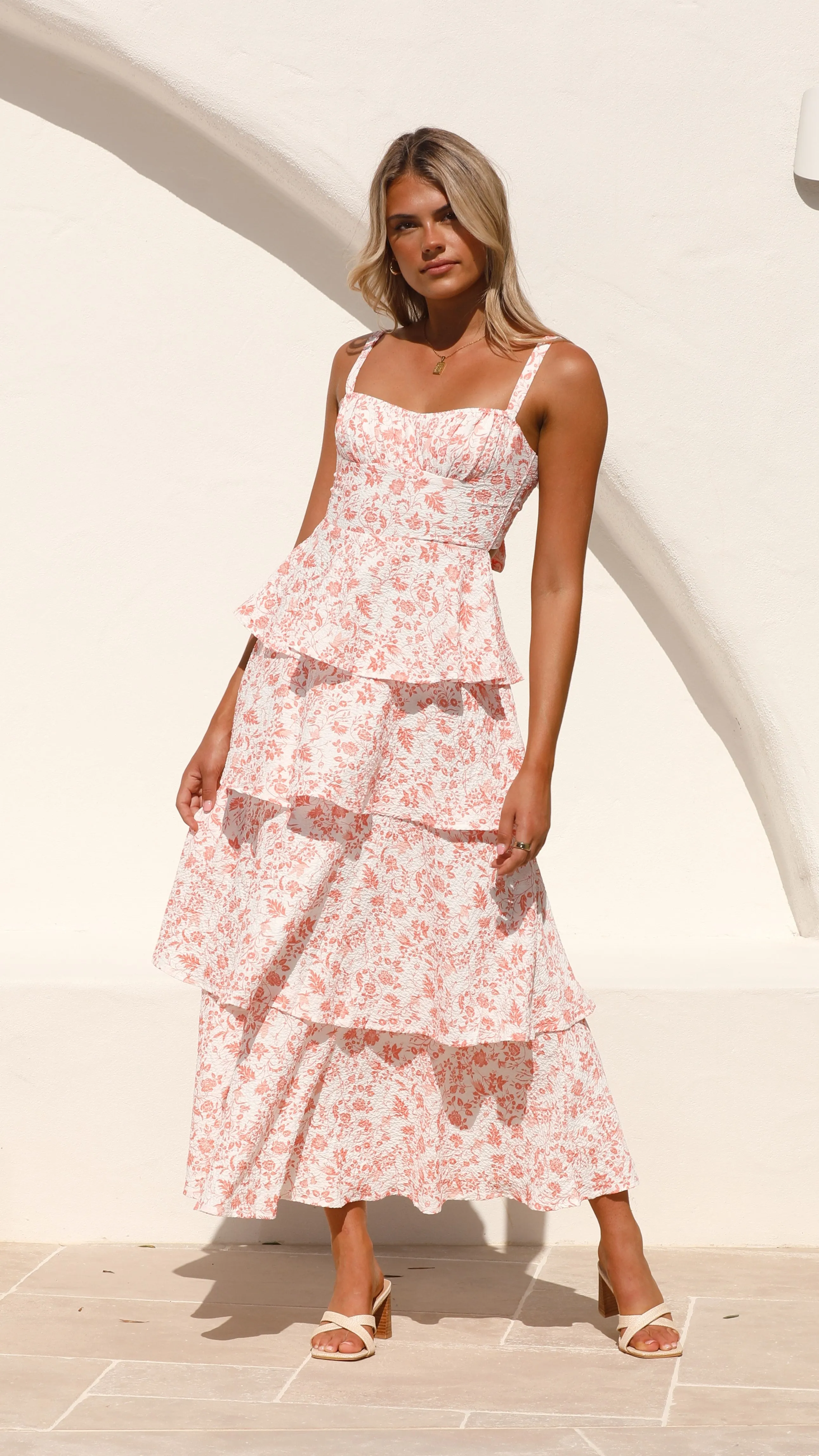 Page Maxi Dress - Peach Floral Batiste Glow Designed for versatility this maxi dress works for both formal and casual settings