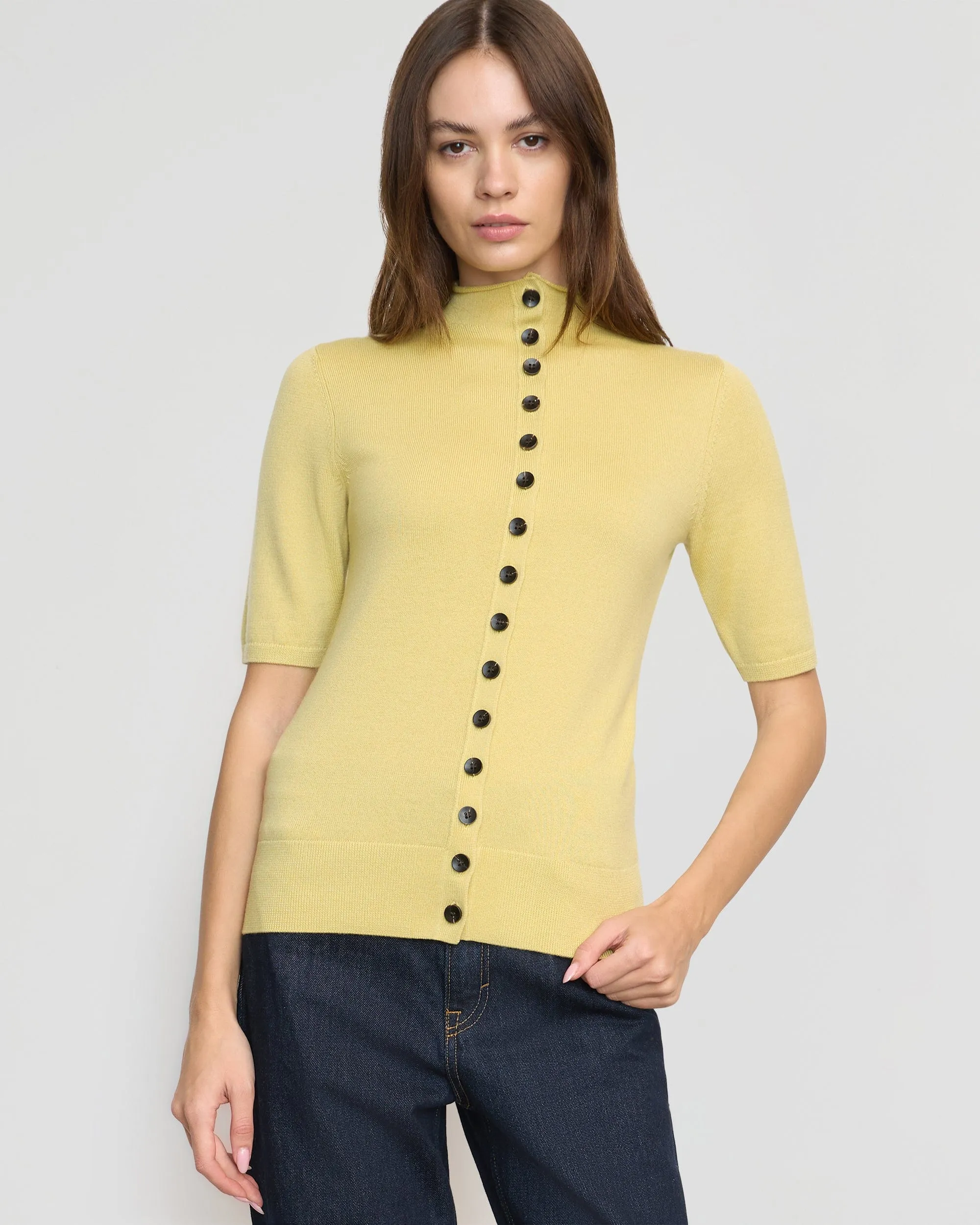 Charlotte Wool Button Short-Sleeve Sweater Cold Weather Knitwear