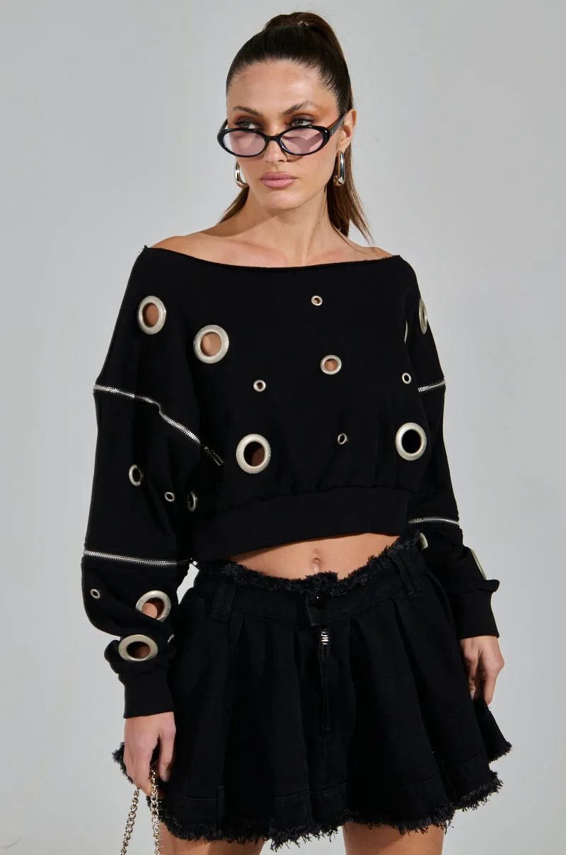 ribbon accents DREAMS VINTAGE ZIPPER DETAIL SWEATSHIRT